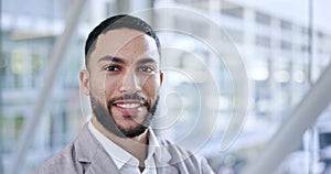 Face, lawyer and happy man in office for business in corporate company. Attorney, portrait and person smile