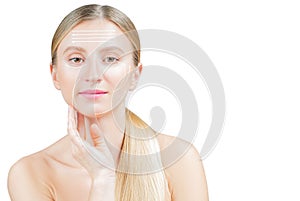 Face lift anti-aging treatment. Beautiful woman with perfect skin  with arrows on face