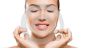 Face lift treatment anti aging skincare woman concept on white background.