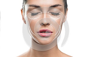 Face lift treatment anti aging skincare woman concept. woman face with lifting lines on white background.
