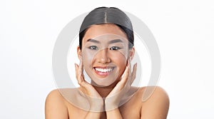 Face lifting concept. Happy girl touching soft smooth skin