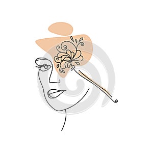 Face line art, stylized portrait of a girl applying makeup with fancy patterns, flowers and an abstract spot on the background