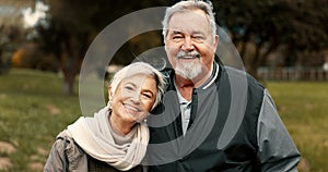 Face, love and happy with a senior couple outdoor in a park together for a romantic date during retirement. Portrait