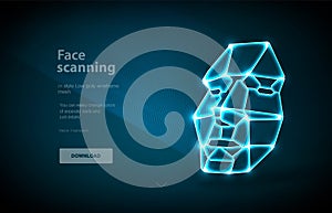 Face low poly art illustration. Concept of face detection by scanning technology advancement, human head. Face recognition.