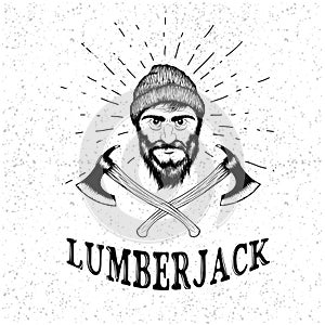 Face of lumberjack with beard,hat and two axes