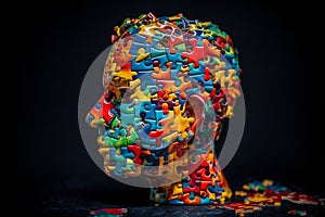 Face made of colorful puzzle pieces, representing fresh ideas and the process of finding solutions and answers