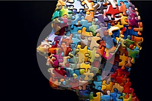 Face made of colorful puzzle pieces, representing fresh ideas and the process of finding solutions and answers