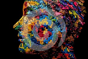 Face made of colorful puzzle pieces, representing fresh ideas and the process of finding solutions and answers