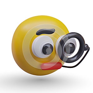 Face with magnifying glass in black frame. Yellow emoji with close study emotion concept