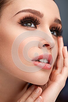 Face Makeup. Beautiful Woman With Long Eyelashes, Soft Skin