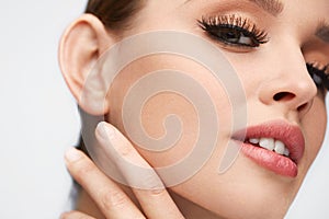 Face Makeup. Beautiful Woman With Long Eyelashes, Soft Skin