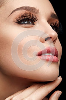 Face Makeup. Beautiful Woman With Long Eyelashes, Soft Skin