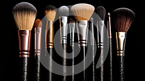 Face makeup brushes on black background. Generative AI