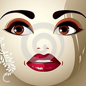 Face makeup. Lips, eyes and eyebrows of an attractive woman displaying surprise and shock. Fashionable female haircut.