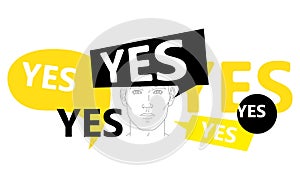 face male , man says yes, speech bubbles. Vector illustration isolated