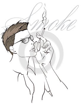 The face of a man. Fashionable portrait. Sketch of a smoking man on a white background. Hipster smoker. Smoking