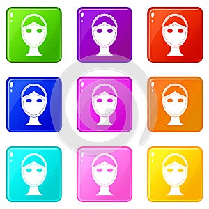 Face marked out for cosmetic surgery icons 9 set