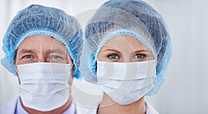 Face mask, doctor and portrait with surgery and safety gear for healthcare and wellness job. Hospital, ppe and people in