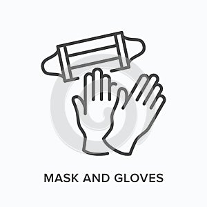 Face mask and gloves flat line icon. Vector outline illustration of coronavirus PPE. Medical safety wear thin linear photo