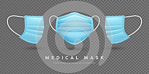 Face mask medical, blue template front and side, on transparent grid background, Eps 10