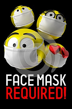 Face mask required poster, emoticons - 3D illustration