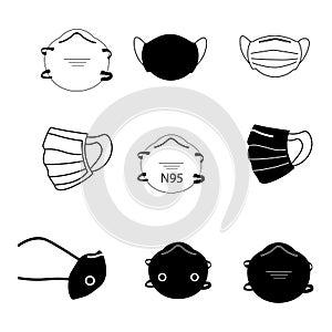 Face Mask Set. Set of various face mask medical surgical N95 mask. PPE for Covid-19 coronavirus. Vector EPS