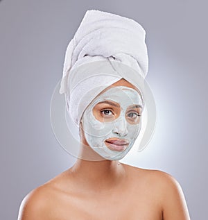 Face mask, skincare and portrait of woman in studio with natural, health and fresh facial treatment. Cosmetic, beauty