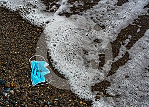 Face mask washed ashore from the sea.