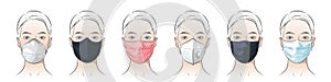 Face mask. Woman wearing disposable medical mask. Vector illustration
