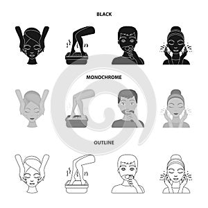 Face massage, foot bath, shaving, face washing. Skin Care set collection icons in black,monochrome,outline style vector