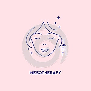 Face mesotherapy line icon. Hyaluronic acid facial injection, vector banner design template. Female rejuvenating mesotherapy