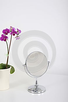 Face mirror and beauty products. Conceptual image