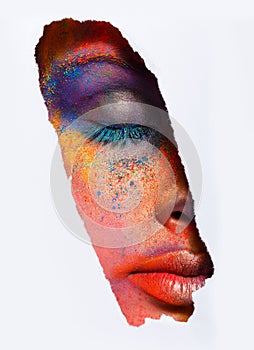 Face of model with colorful art make-up, close-up