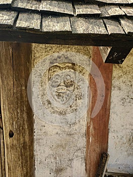 Face moulded into the wall at the Viking long house, Cranborne Ancient Technology Centre