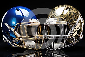 Face-off ready football helmets, reflecting the lights of the game night.