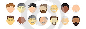 Face old man vector icon, cartoon avatar, people character, diverse senior men. Profile grandfather. Glasses, bald head, mustache