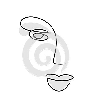 Face one line. girl face - beauty salon logo. portrait art - thin line drawing. facial features icon. nose and lips