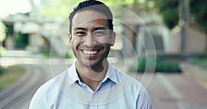 Face, outdoor and Asian man with business, funny and smile with employee, confidence and entrepreneur. Portrait