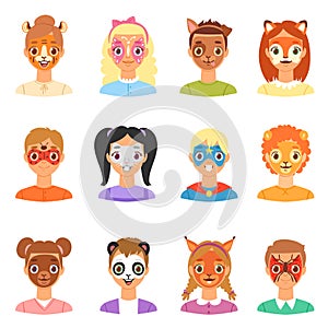 Face paint kids vector children portrait with facial painted makeup and girl or boy character with colorful animalistic