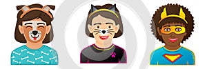 Face Painting with Girl or Boy with Dog and Cat Painting. Kid Wearing Colorful Costume of Superhero. Icons with Funny Kid Face