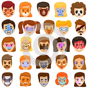 Face painting icons set, cartoon style