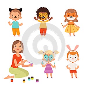 Face painting. Kids makeup funny animals cartoon boys and girls teacher drawing on face vector characters