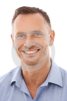 Face, portrait and business man in studio isolated on a white background, smiling and happy with career. Boss, ceo and