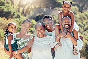 Face portrait of family in nature park, parents in garden with children and senior people with smile on group walk in