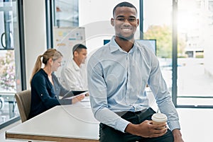 Face portrait, leadership and black man in meeting ready for goals or targets. Ceo, boss and young, happy and confident