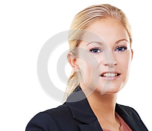 Face portrait, leadership and business woman with goals or targets in studio on white background. Boss, ceo and
