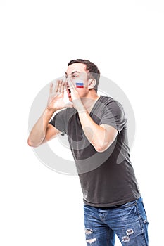 Face portrait of Russian football fan scream support Russia national team on white background. Football fans concept.