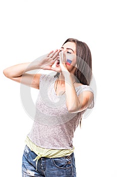 Face portrait of Russian woman football fan scream support Russia national team on white background. Football fans concept.