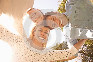 Face portrait, sky and happy family hug, love and solidarity circle of child, mom and dad bonding in nature park. Care