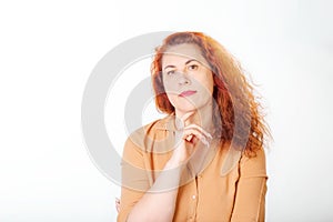 Face portrait of smiling woman on white background